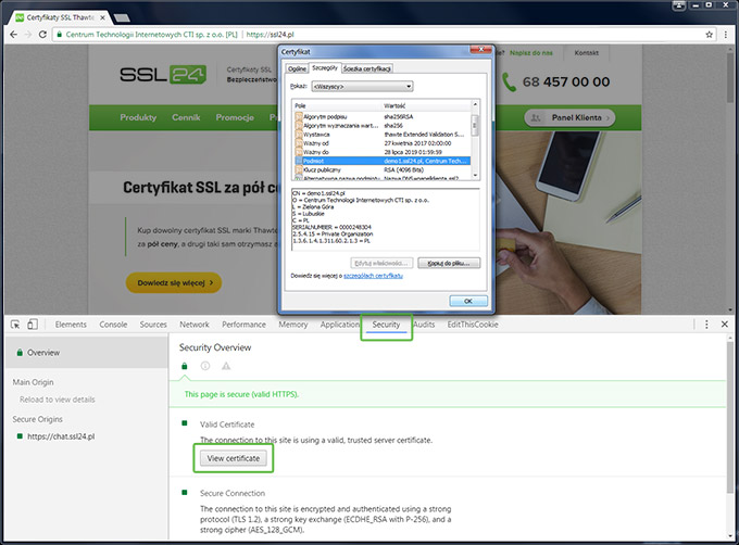 Przycisk View Certifcate i szczegóły certyfikatu SSL